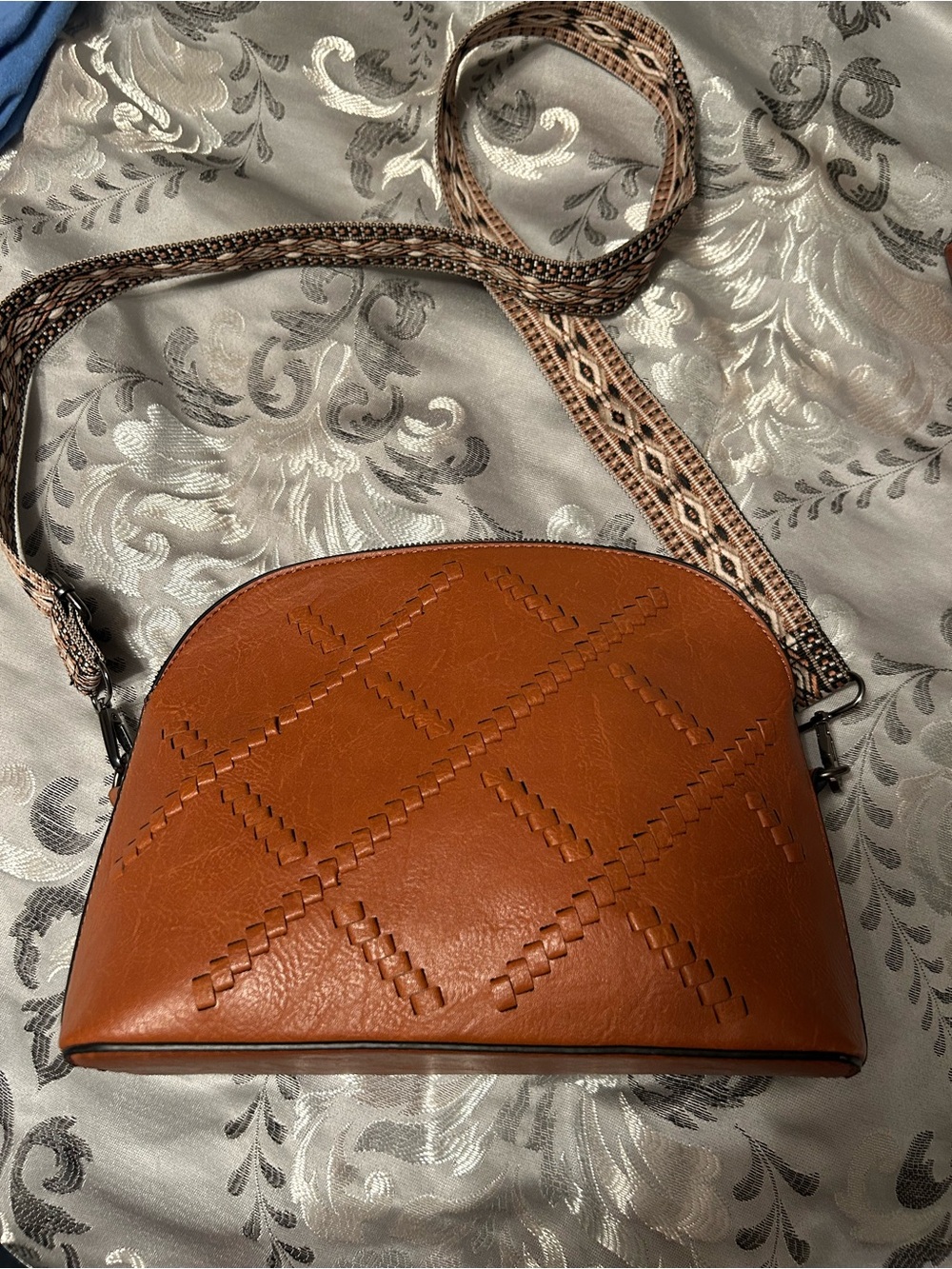 Woven Pattern Tan Crossbody Bag with Patterned Strap